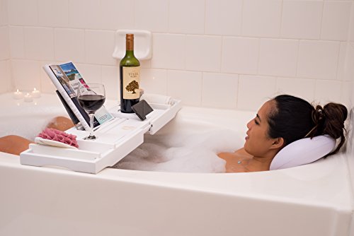 Adorn Home Essentials ADORN Bamboo Bathtub Caddy Bath Tub Tray | Waterproof/Washable Bath Pillow with Suction Cup | White | Expands up to 43"
