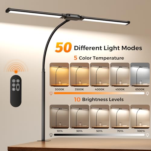 SKYLEO LED Desk Lamp – Dual Head with Remote Control and Touch Control – Eye Protection – 12 W, 5 Colour Modes, Timer and Memory Function, Flexible Swan Neck – for Home
