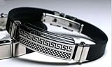 Classic Pattern Men Stainless Steel Rubber Bangle Bracelet Black Silver