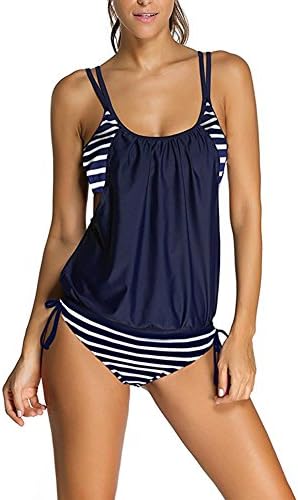 EVESUN Women's Straps Lined Push Up Swimwear Double Up Sexy Tankini Two Piece Swimsuit Set(M,Navy)