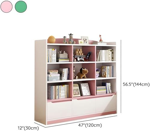Modern Kids Storage Bookshelf, 4-Tier Open Shelving Unit with Bottom Drawers, Multi-Purpose Display Cabinet for Books, Toys, Nursery Organization For Study Room, School & Home (Mint Green)