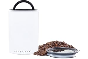 Planetary Design Airscape Stainless Steel Coffee Canister | Food Storage Container | Patented Airtight Lid | Push Out Excess Air Preserve Food Freshness (Medium, Matte White)