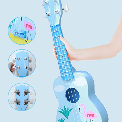 YOLOPLUS+ Kids Ukulele Guitar Toy Simulation 4 Strings Children Musical Instruments Educational Learning for Toddler Beginner Keep Tone Anti-Impact (21 Inch Flamingo)