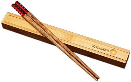 1 Pair of Wenge Wood Chinese Chopsticks Red Head Deco with Bamboo Case