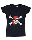 Shop4Ever® Jolly Roger Skull Crossbones Women's V-Neck T-shirt Pirate Flag Shirts SLIM FIT