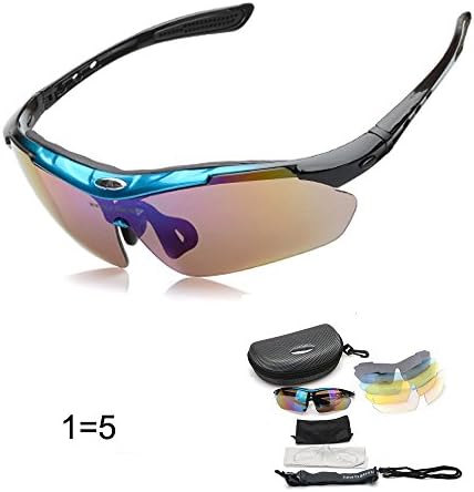 New Polarized Sports Sunglasses for Men Women Cycling Running Driving Fishing Golf Baseball with 5 Interchangeable Lenses, TR90 Superlight Frame (Blue, 5 colors)