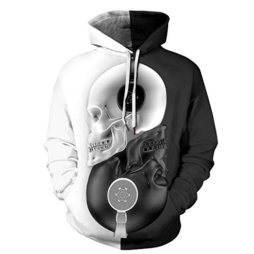 Jessie storee Helloween Hooded Sweatshirt Black and White Skull Print Pullover Hoodie Women Men Couples Unisex Horror Sweatshirts Clothing Large Size Sweater Loose Baseball Uniform Tide,Black,L