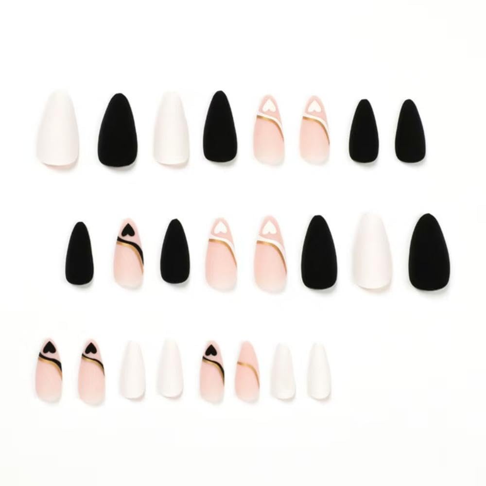 Love Press on nails Medium Stiletto Fake Nails with Design Nude Pink Glue on nails Glossy Acrylic Full Cover Black White Soild color Stick on Nails False Nails for Women Manicure - Image 3