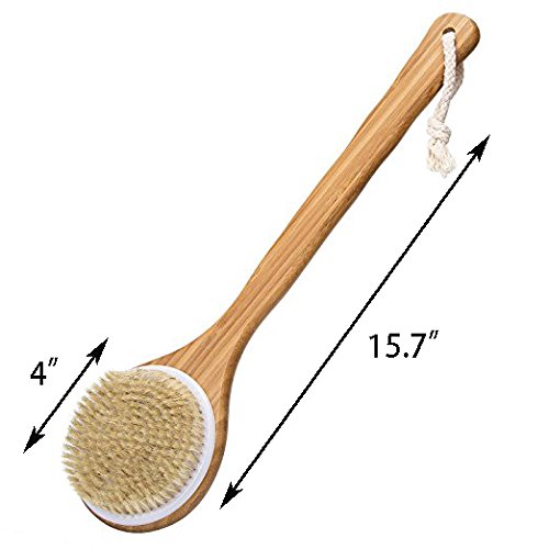 AHYUAN Bath Body Brush 100% Natural Boar Bristle Dry Skin Scrub Brush With 15.7" Long Wooden Handle for Dry Brushing and Shower Cellulite & Exfoliating (Natural Bristles) - Thumbnail 4