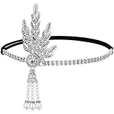 GENBREE 1920s Flapper Headband Rhinestone Leaf Headpieces Pearl Tassel Hair Band Flapper Hair Accessories Party Cocktail for Women