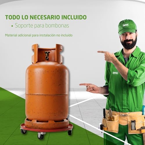 - Suporte para cilindros de butano - Carrinho de transporte com 4 rodas girais - Diâmetro Ø31cm - Carga máxima 30kg - Suporte para tambores e panelas - Cor laranja - Aço de liga