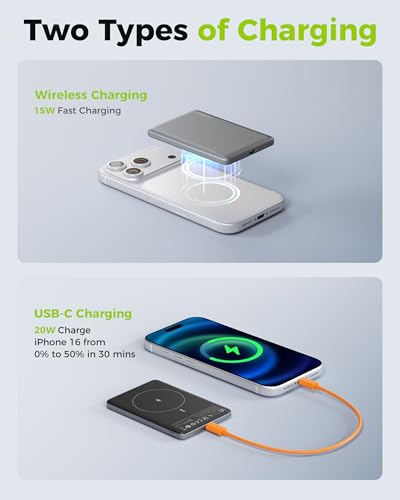 CHARCO 5000mAh Power Bank Inalámbrico 15W, Cargador Portátil USB C PD 20W Magnético Carga Rápida, Cargador Inalámbrico para Magsafe Compatible con iPhone 16/15/14/13, Samsung y AirPods