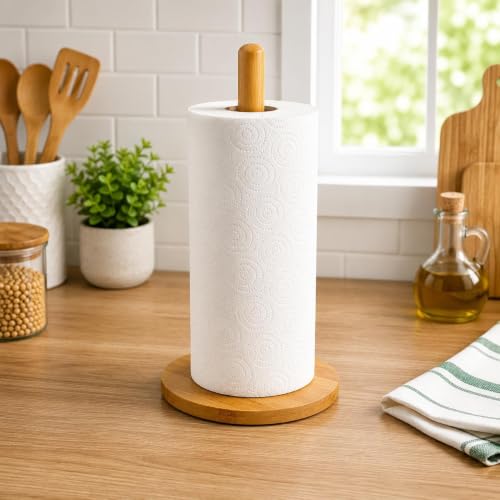 Porta Papel Toalha de Bambu Natural 29 cm Vertical para Cozinha Suporte para Rolo de Papel Toalha Papel Alumínio e Filme PVC Resistente e Multiuso