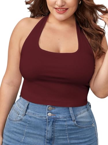 WDIRARA Women's Plus Size Tank Tops Sleeveless Backless Rib Knit Sexy Crop Halter Top Burgundy 5X-Large Plus at Amazon