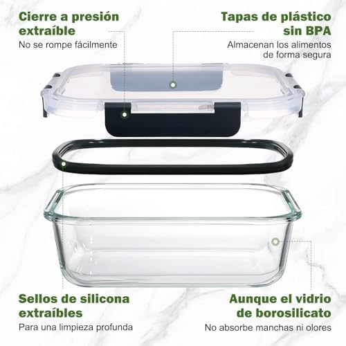 Paquete de 5 recipientes de vidrio con tapas, 1040 ml, gruesos y duraderos, recipientes de vidrio apilables herméticos para preparación de comidas, almacenamiento de alimentos sin BPA, Negro