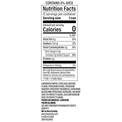 STARRY ZERO SUGAR LEMON LIME SODA, 12 FL OZ CANS (PACK OF 12)