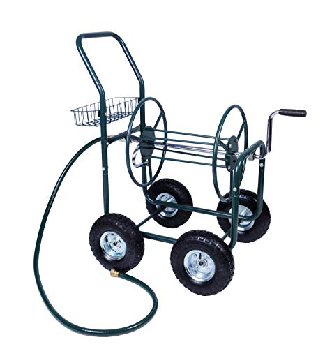 Livebest 4 Wheel Garden Hose Reel Cart Heavy Duty Yard Water Planting with Storage Basket,Holds 390FT Hose