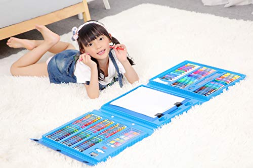 H & B Kids Art Supplies 208-Piece Painting & Drawing Case, Portable Art Box, Oil Pastels, Crayons, Colored Pencils, Markers, Great Gift for Kids 3-12, Teens, Beginners, Blue