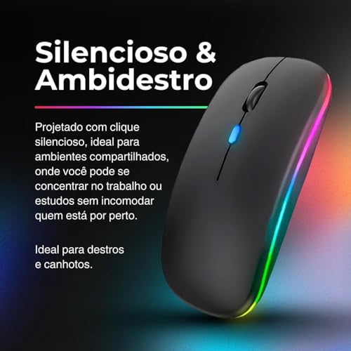 Mouse Bluetooth Recarregável sem Fio Dupla Conexão, e USB, Wireless Mouse compatível com iPhone, MacBook,iPad,Laptop,PC,Notebook, Tablet,Ergonômico, Premium Yecna (Preto)