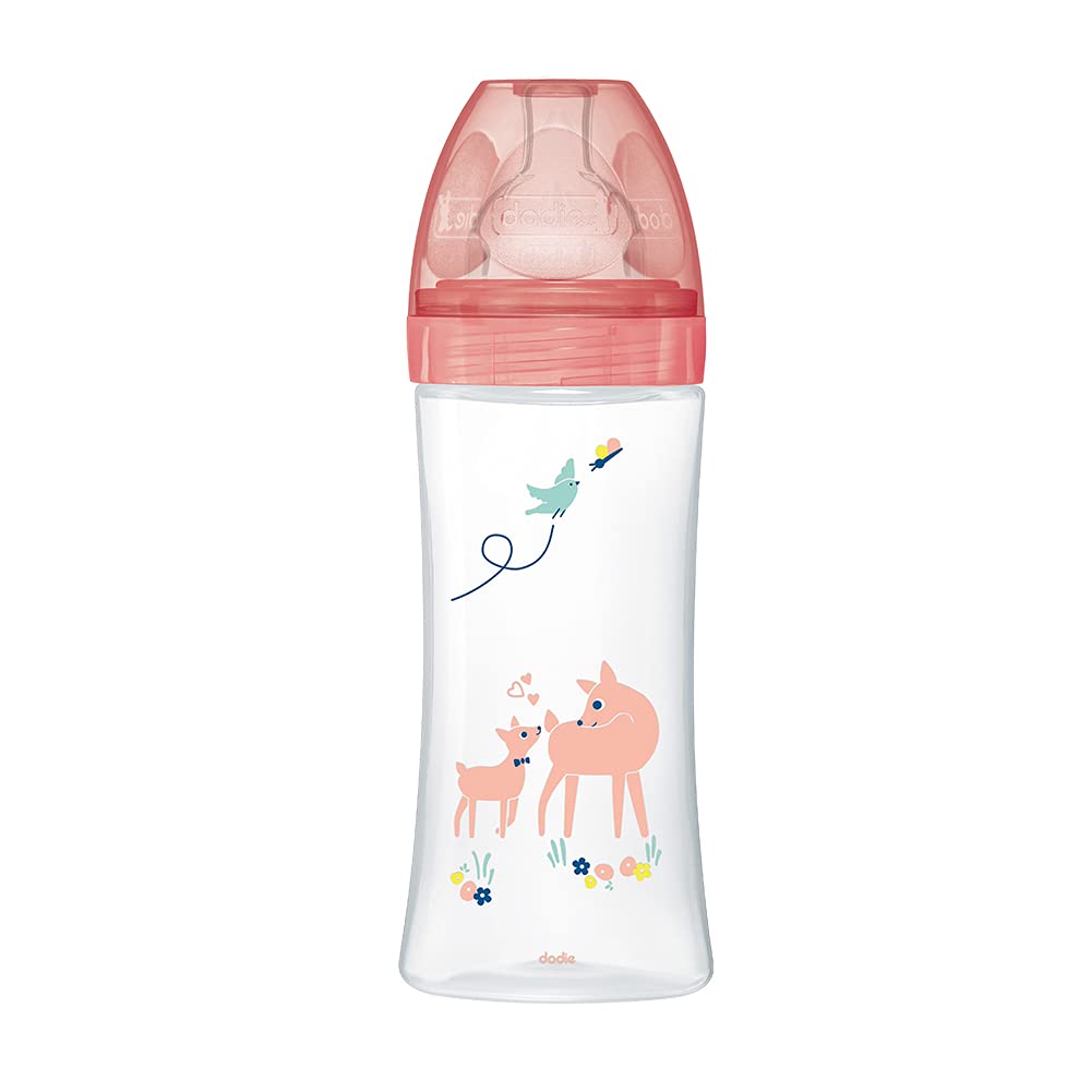 Dodie Baby Bottle, Antikolik Sensation+, Flat Teat, River 3, 6 Months, Pink, Garden, 330 ml, Pack of 1, 3700763536613