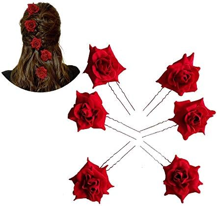 Xetahomyx 6 Pack Rose Flower Hair Pins for Women and Girls Wedding Hair Accessories for Brides, Red