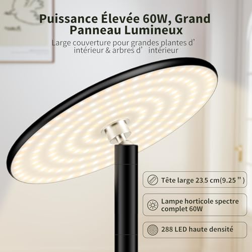 AJABotanics 60W LED Horticultural Lamp on Foot, Full Spectrum Indoor Plant Lamp, Adjustable Height up to 216 cm, for Large Plants, Remote Control, Timer 4H/8H/12H