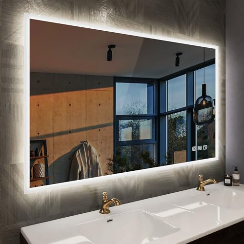 STARLEAD Bad-Spiegel-mit-Beleuchtung 100x70 cm, Spiegel-Bad-mit-Beleuchtung und Bluetooth, Entfoggen, Led-Spiegel-Bad mit 3 Lichtfarben, Dimmbar, Spei