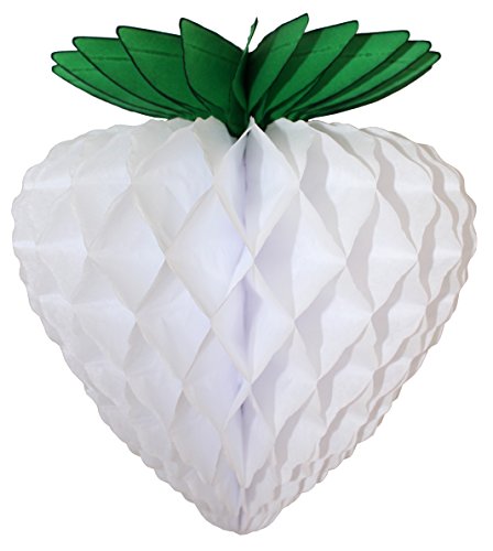 3-pack 10 Inch Hanging Honeycomb Tissue Paper Strawberry Fruit Decoration, White with Green Leaves