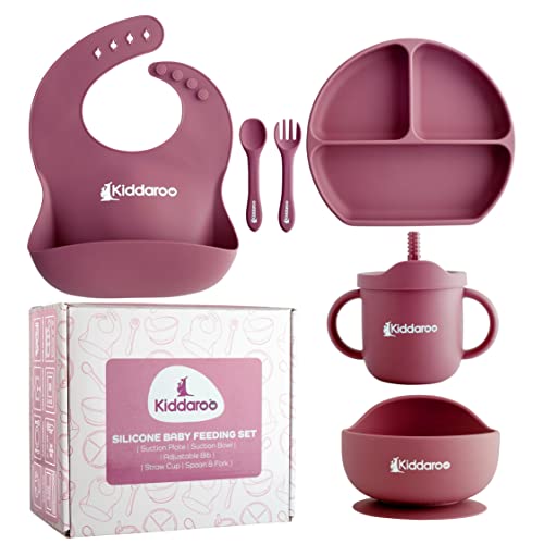 Kiddaroo Baby Weaning Set - Baby Feeding Set with Weaning Bib, Sippy Cup, Cutlery, Baby Suction Plate and Suction Bowl - Weaning Set with eBook - Baby Essentials for Baby Led Weaning (Pink)