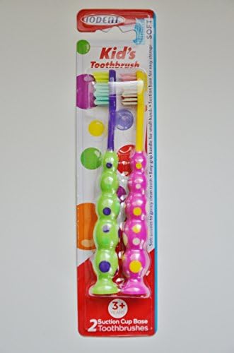 Iodent Kid's Toothbrush with Soft Bristles Easy Grip handle made for small hands and suction cup base for easy storage (Green and Pink)