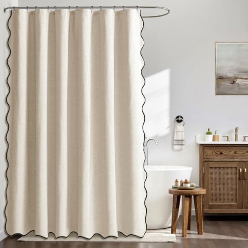 MIULEE Beige Scalloped Shower Curtain Linen Textured with 12 Metal Hooks Cute Heavy Duty Washable Waterproof Neutral Thick Cloth Shower Curtains with Black Border for Bathroom Bathtub,W72*L72 Cream