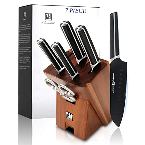 Kitchen Knife Set, 7 Pieces German Stainless Steel Knives Set for Kitchen with Acacia Wood Block, Kitchen Scissors, Box Packed, Elegant Black