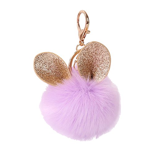 SUPPION Ear Rabbit Fur Ball Fox Keychain Bag Plush Car Key Ring Car Key Pendant 8cm (Purple)