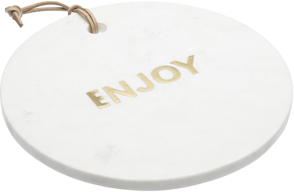 Artesà Round Marble Cheese Board / Serving Platter with Decorative 'ENJOY' Lettering, 25.5 cm (10 Inch) - White
