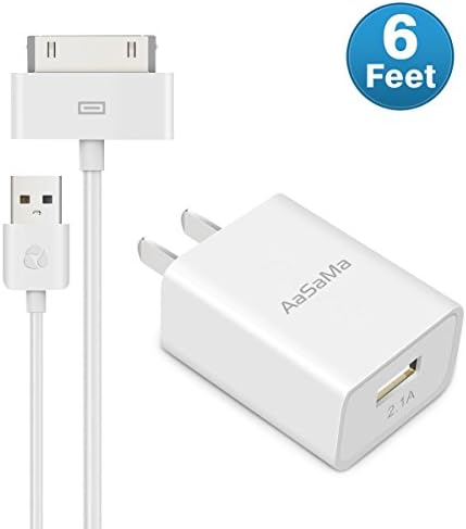 USB Wall Charger, Aasama 2.1A Travel Power Adapter with (6 Feet) 30 Pin to USB Sync and Charging Cable (white)