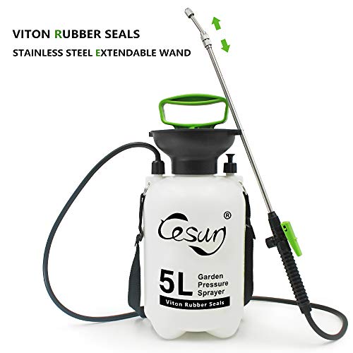 Cesun 1.3 Gallon Viton Pump Pressure Sprayer for Lawn and Garden, Multi-Purpose Sprayer with Telescoping Stainless Steel Wand, Pressure Relief Valve, Adjustable Shoulder Strap (5L Viton)