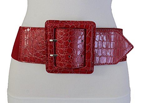 TFJ Women Elastic Stretch Wide Belt Hip Waist Square Buckle Plus M L XL Red