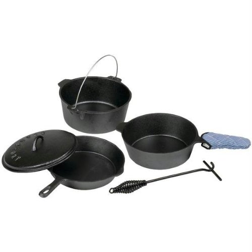 STANSPORT 16903 6 Piece Cast Iron Cookware Set and Cast Iron Hot Handle Holder