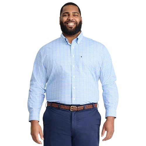 IZOD Men's Big and Tall Performance Comfort Long Sleeve Plaid Button Down, Blue…