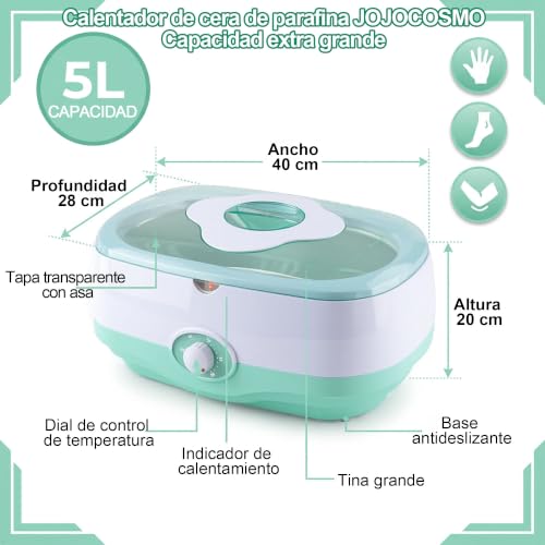 JOJOCOSMO Baño de parafina para manos y pies – 5000 ml dispositivo de baño de parafina con 1800 g de cera de parafina orgánica para manos y pies, incluye accesorios, baño de parafina profesional para