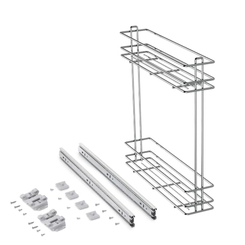 Emuca - Sliding pull out bottle rack for kitchen base unit, side mounting, 150mm, Chrome plated, Steel