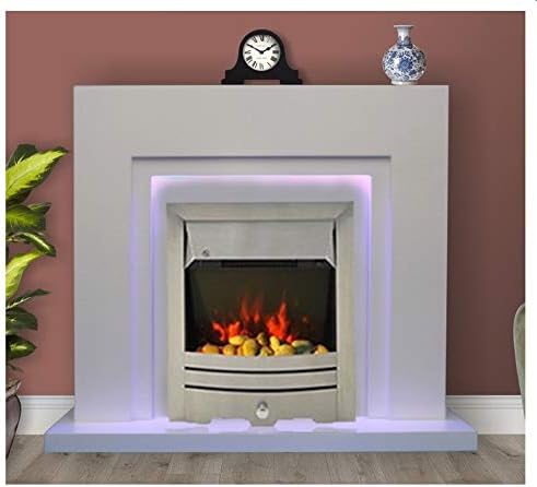 Modern White Flat Wall 2KW Electric Fire Surround Fireplace with LED Light- with Brushed Steel Electric Fire