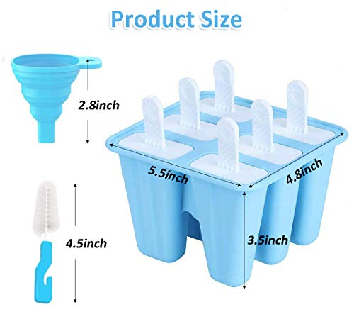 Popsicle Molds for Kids, Teetookea 6 Pieces Silicone Ice Pop Molds, Reusable Popsicle Maker with Silicone Funnel & Cleaning Brush (Blue)