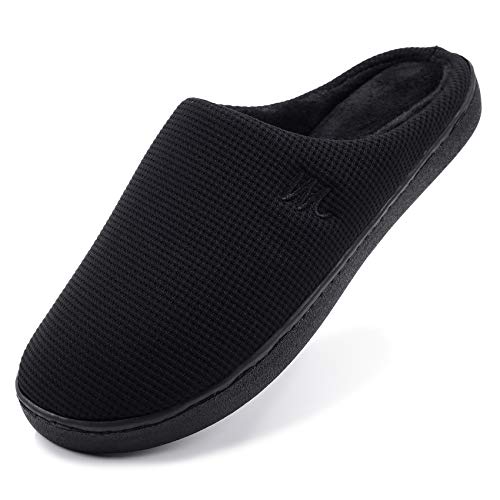 Wessho Mens House Slippers Bedroom Memory Foam Black Rubber Sole Indoor