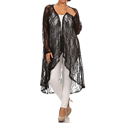 RED DOT BOUTIQUE646 - Sheer Lace Long Sleeve Open Front Long Body Asymmetric Hem Hi Low Duster Cardigan