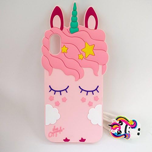iPhone X Case,Unicorn Shaped Adorable 3D Cute Cartoon Character Back Cover Soft Silicone Case with a Strap (5.8 Inch) (Pink Unicorn)