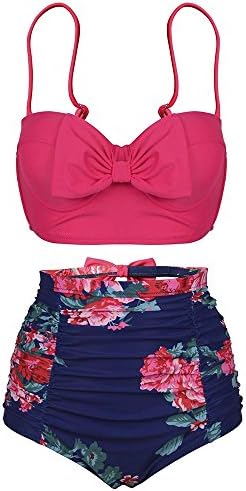 High Waist Swimsuit, Vintage Bowknot Padded 2 Piece Bathing Suit Cute Bikinis For Women, Rose Red Top With Floral Bottom, Medium