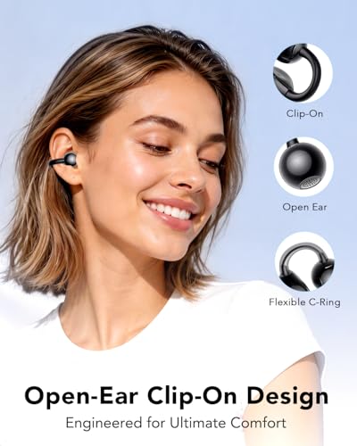Clip On Earbuds Open Ear Earphones Wireless Headphones Bluetooth 6.0, 12mm Dynamic Drivers, 20 Hours Sports Ear buds, Air Conduction Headphones Compatible with iPhone & Android, Black