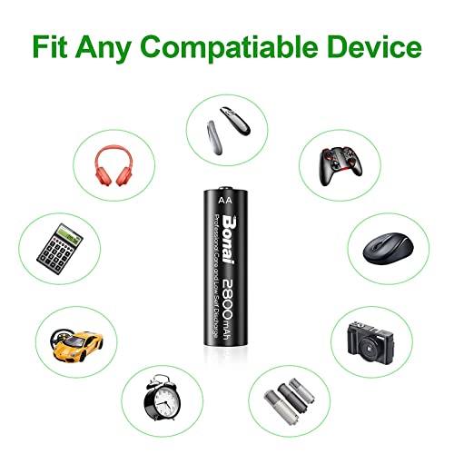 BONAI AA Rechargeable Batteries, High Capacity 2800mAh 1.2V 1200 Cycles AA Rechargeable NI-MH Batteries, Pre-Charged for Home Equipment (16 Pieces)