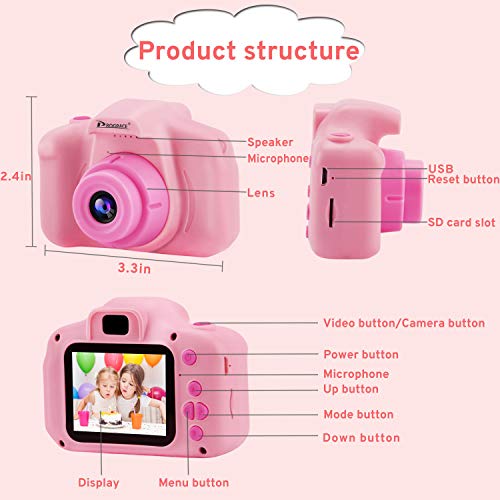 PROGRACE Kids Camera Digital Video Cameras for Kids Boys Birthday Toy Gifts Toddler Video Recorder Children Camera 2 Inch IPS with SD Card-Pink